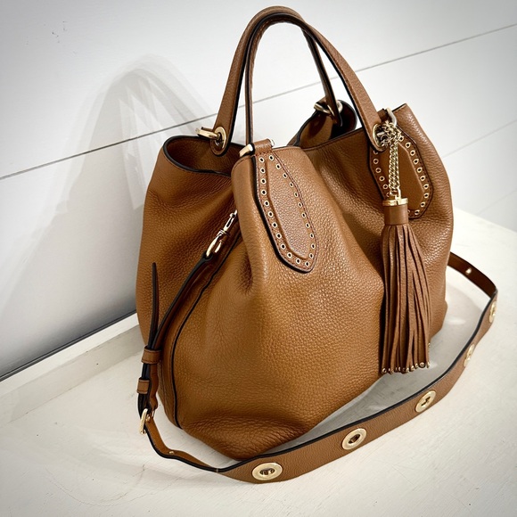Michael Kors Brooklyn Leather Tassel Grommet Satchel Tote Bag Purse in Acorn - Picture 7 of 16